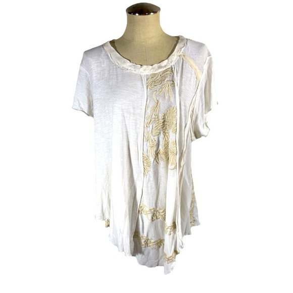 Free People Cream Off White Oversized Short Sleeve Embroidered Floral Size S - Picture 1 of 7